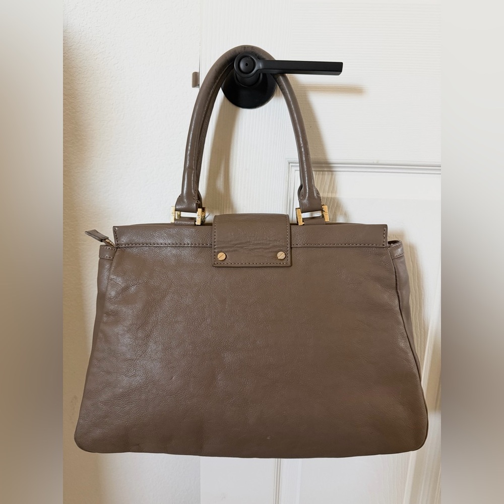 Tory Burch Taupe Leather Satchel with Gold Clasp - Picture 2 of 16
